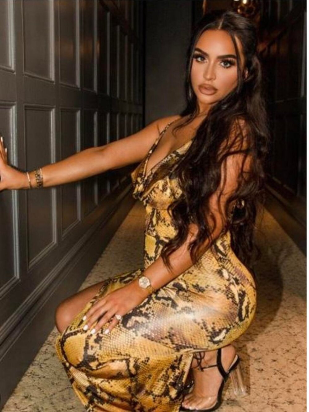 CARLI BYBEL MISSGUIDED Snake Print Dress Cowl Neck Asymmetric Yellow Black 12 L